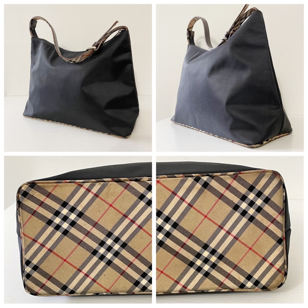 Burberry blue label black nylon tan nova check trim shoulder hobo bag - Picture 4 of 12